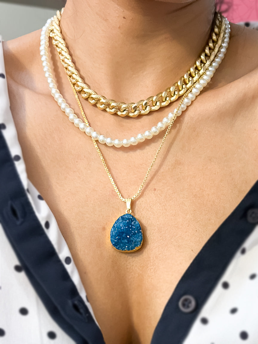 Layered Necklace with blue pendant and pearl strands and gold chain