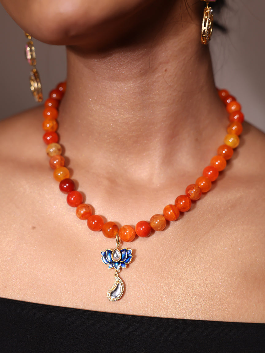 Beads Necklace | Summer Jewellery | Handmade beaded jewellery | Holiday necklace | Stacking jewels | beach holiday charm necklace | Orange beads necklace | Lotus charm 