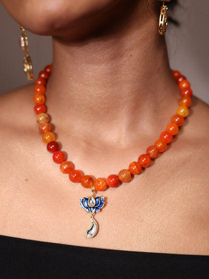 Beads Necklace | Summer Jewellery | Handmade beaded jewellery | Holiday necklace | Stacking jewels | beach holiday charm necklace | Orange beads necklace | Lotus charm 