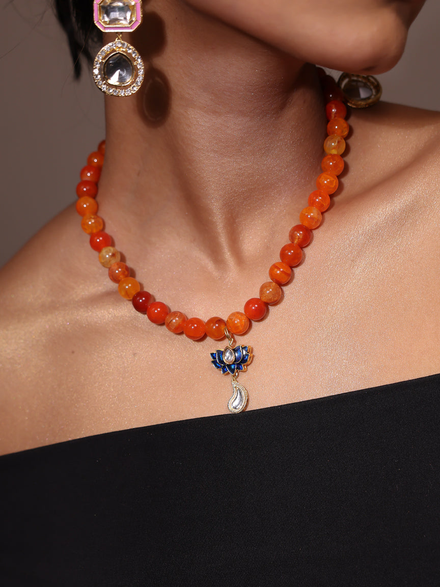 Beads Necklace | Summer Jewellery | Handmade beaded jewellery | Holiday necklace | Stacking jewels | beach holiday charm necklace | Orange beads necklace | Lotus charm 