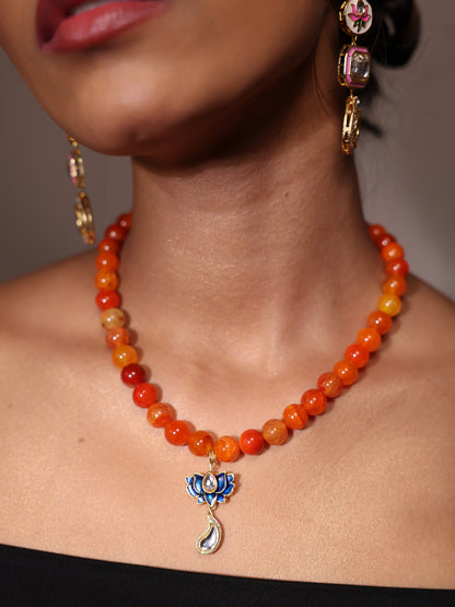 Beads Necklace | Summer Jewellery | Handmade beaded jewellery | Holiday necklace | Stacking jewels | beach holiday charm necklace | Orange beads necklace | Lotus charm 