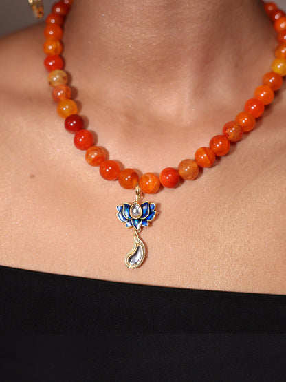 Beads Necklace | Summer Jewellery | Handmade beaded jewellery | Holiday necklace | Stacking jewels | beach holiday charm necklace | Orange beads necklace | Lotus charm 