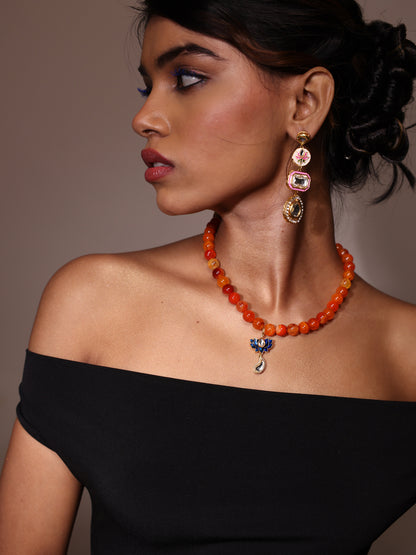 Beads Necklace | Summer Jewellery | Handmade beaded jewellery | Holiday necklace | Stacking jewels | beach holiday charm necklace | Orange beads necklace | Lotus charm 